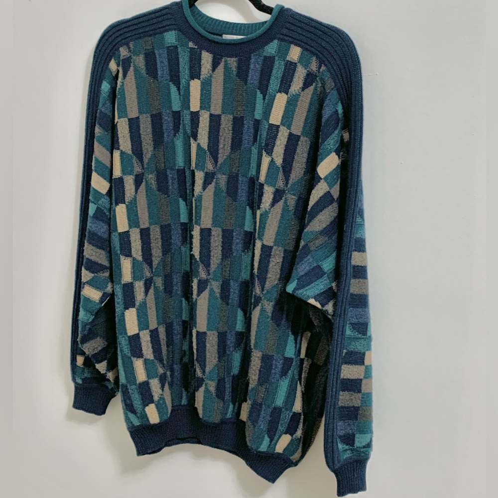 St Croix 90s Geometric Wool Blend Coogi Style Crewneck Sweater - MENS L